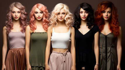 Set of modern women's youth wigs worn on mannequins - obrazy, fototapety, plakaty