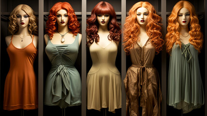 Set of modern women's youth wigs worn on mannequins