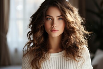 A beautiful young woman with blue eyes posing for a picture. Imaginary AI picture.