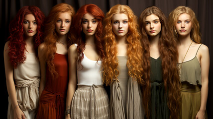 Set of modern women's youth wigs worn on mannequins
