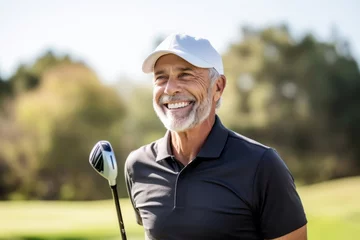 Fotobehang Close-up portrait photography of an inspired mature man playing golf on a course. With generative AI technology © Markus Schröder