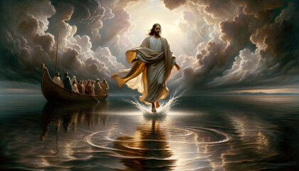 Faith in the Tempest: Christ's Walk on the Water - obrazy, fototapety, plakaty