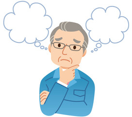 考え事をする男性　作業着　中高年　自営業者