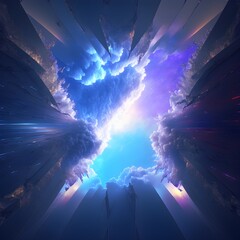 This is a surreal and complex cg rendering looking down on the transparent and blue universe rainbow light soft and smooth clouds smooth clouds rays beams Tindal effect cg3d effect clean and 