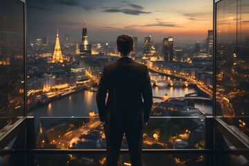 Fototapeta na wymiar Back view of businessman standing in office looking out window the city at night, business aspirations and vision concept. Generative Ai