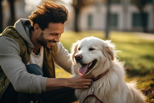 A man is petting a dog in a park. Imaginary AI picture.