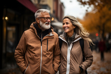 Happy senior Caucasian couple enjoying walking together at the park in autumn. Happiness in retirement, travel, healthy lifestyle concept. Generative Ai