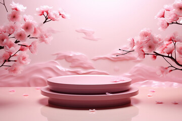 Obraz na płótnie Canvas Pastel Sakura Pink Flower Falling on Abstract 3D Podium for Cosmetic Beauty Product Promotion