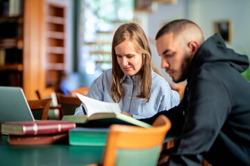 A visually impaired female student and young man sitting in the library and learning together