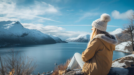 Young woman relaxing at winter sea beach. Traveler resting by mountain