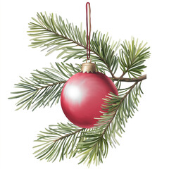 Christmas tree branch with red ball. Holiday card with glass ball on fir branches isolated on white background