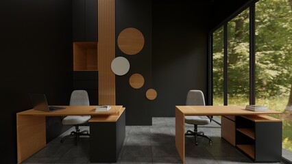 Interior of modern office with black and wooden walls, wooden office desk with folders.