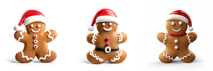 Christmas xmas bakery baking banner - Set collection of saint nicholas gingerbread men with santa claus hat, isolated on white background