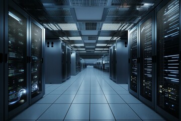 A high-tech data center featuring racks of servers for cloud computing, data storage, cyber security, and web hosting. Generative AI
