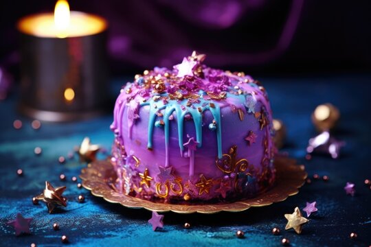 A purple cake with purple icing and gold stars. Imaginary AI picture.