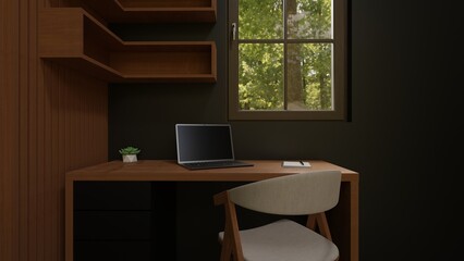 3d render of a modern home office with a laptop and bookshelf