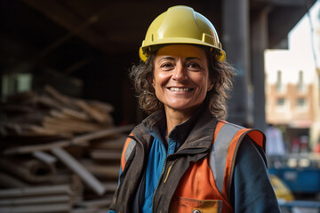 woman working on a construction site, construction hard hat and work vest, smiling, middle aged or older - obrazy, fototapety, plakaty