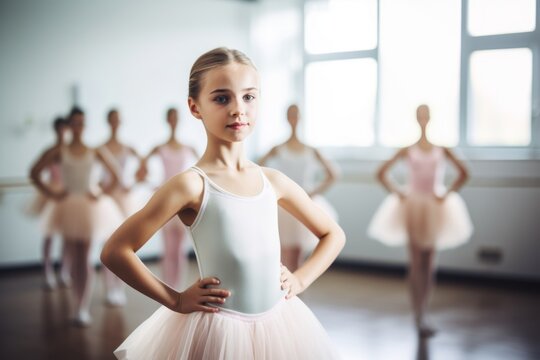 Group portrait photography of a relaxed kid female practicing ballet in a studio. With generative AI technology