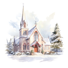Fototapeta na wymiar Winter Church For Christmas Event. Watercolor Style. AI Generated