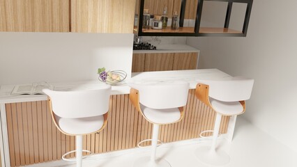 Fototapeta na wymiar Kitchen set with a combination of oak wood and granite table top with a minibar concept