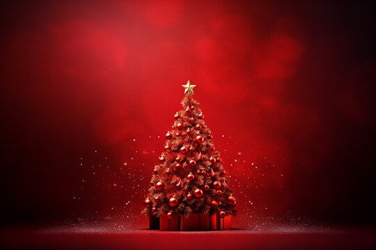 illustration of christmas tree on red background. Created with Generative AI