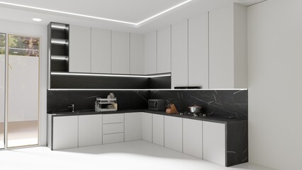 Kitchen with a combination of black wood, matte white, and a granite tabletop
