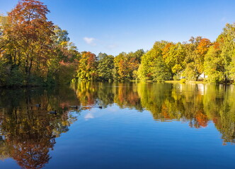 Parks of St. Petersburg. The first days of autumn. Reflection of trees in water.