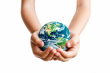 child hand hold earth on a white