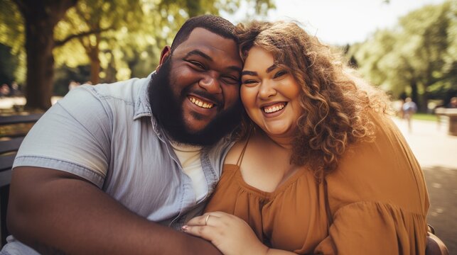 Plus-Size Love in Autumn- A Joyful Couple's Selfie on a Park Bench