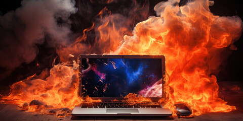 Laptop fiercely burning and smoking.