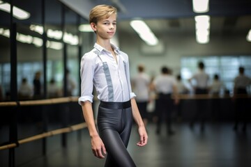 Lifestyle portrait photography of a satisfied boy in his 20s practicing ballet in a studio. With generative AI technology