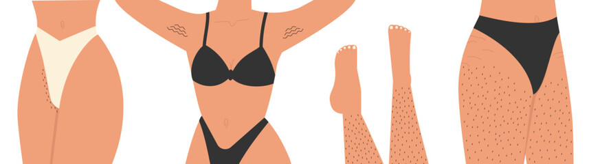 Woman unshaved hairy body illustration set. Body positive