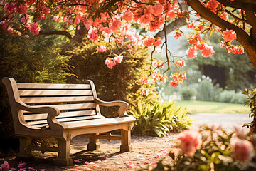Beautiful bench near the house in a luxurious garden with cushions for sitting, rest and relaxation - obrazy, fototapety, plakaty