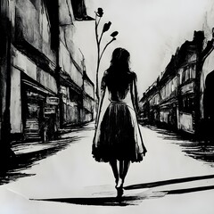 Woman walking along a dark street holding flowers black and white sketch cartoon effect ink 4k city 