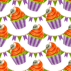Watercolor pattern, halloween cupcakes and garlands on white background. For various products, wrapping paper etc.