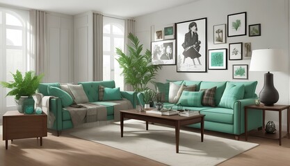 Interior of living room with green houseplants