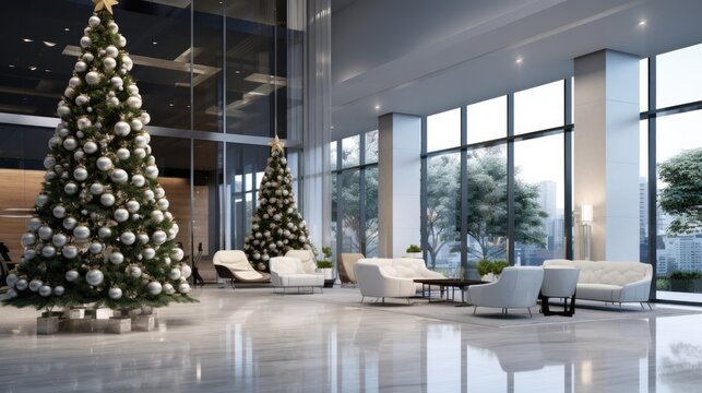 3d Rendering Of A Modern Office Lobby With Christmas Tree In The Background. Ai Generative
