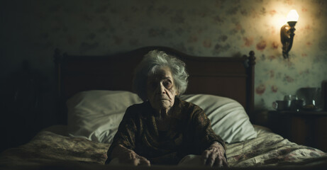 Obraz premium Single elderly person looking through window glass standing alone at home.