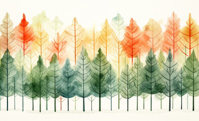 秋の森林　樹々　水彩イラスト