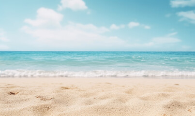 Fototapeta na wymiar Serene beach landscape with glistening sand, gentle ocean waves.