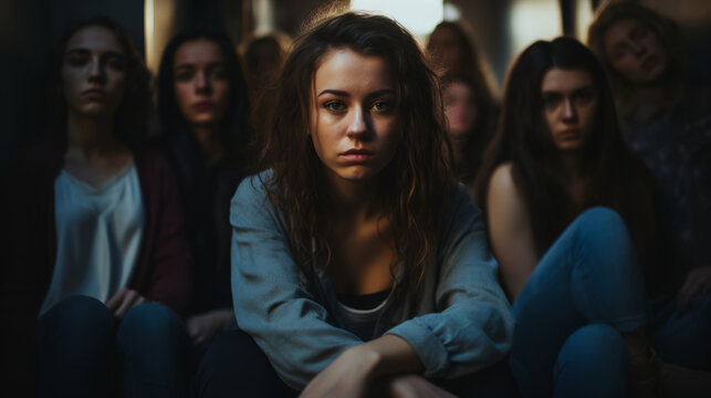 Depressed young, girl or boy sitting alone surrounded by people. Victim of school bullying. Stress and mental problem in childhood.