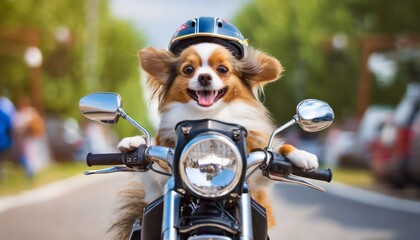 smile dog riding a bike - obrazy, fototapety, plakaty