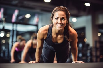 Fototapeta premium Sports portrait photography of an active girl in her 20s doing body pump exercises in a gym. With generative AI technology