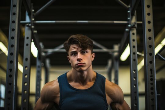 Medium shot portrait photography of a drained boy in his 20s doing bars in a gym. With generative AI technology