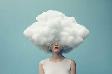 A young woman with her head in a misty cloud. The concept of depression, addiction, loneliness and mental health.