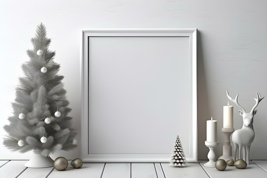 Mock Up Poster Frame in Interior Scandinavian Christmas and Winter Decoration.
