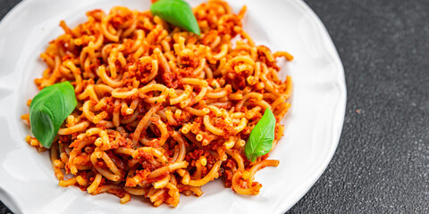 pasta bolognese sedanini rigati tomato sauce eating cooking appetizer meal food snack on the table copy space food background rustic top view