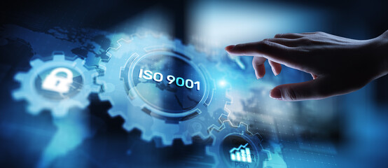 ISO 9001 Standards quality control business technology concept on virtual screen.