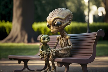 Alien with a little baby alien on a bench in the park colour picture full body shot ultra detailed photorealistic  - obrazy, fototapety, plakaty
