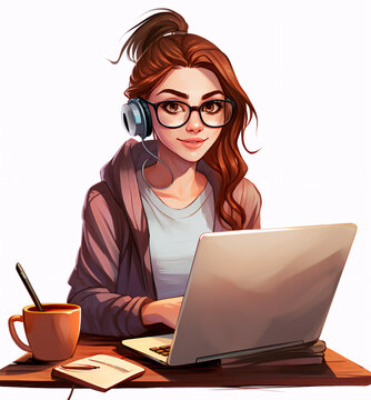 Caucasian redhead woman in glasses and headphones working with computer laptop at a desk. Software developer, programmer or system administrator with PC. Technical specialist at workplace. Cartoon